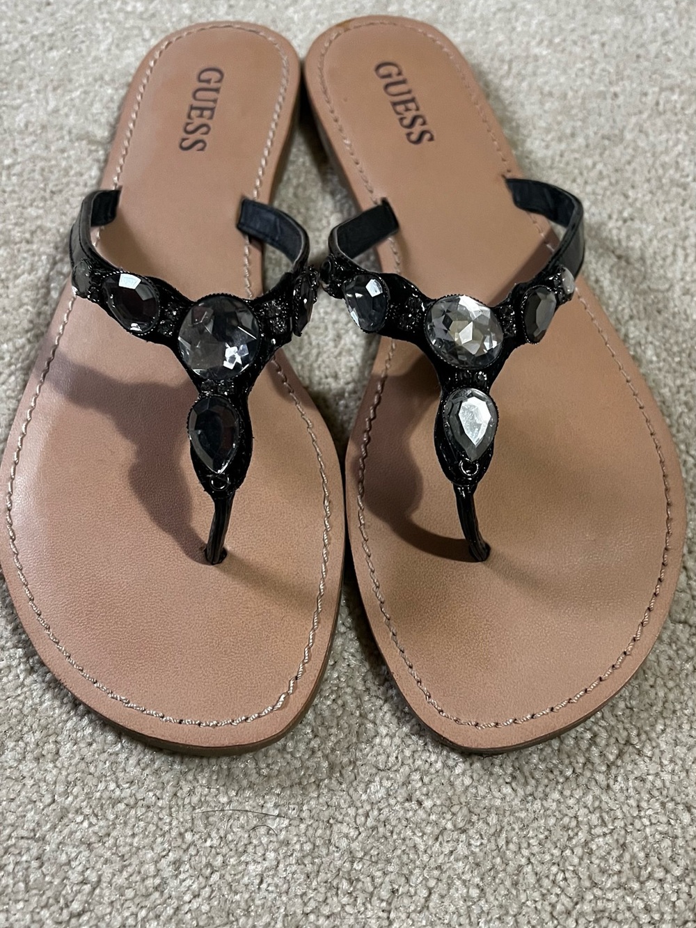 GUESS Black Jeweled Thong Sandals with Tan Footbed